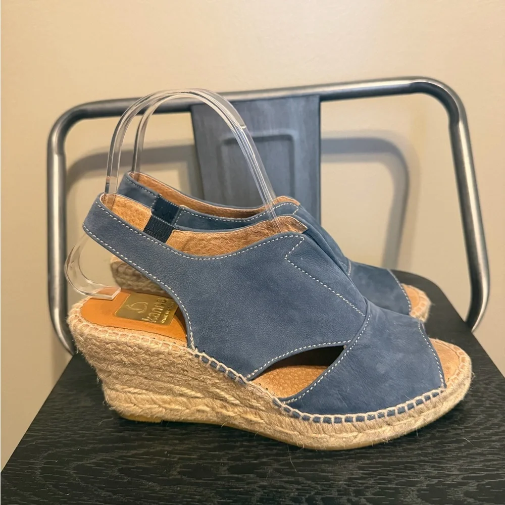 Kanna Spain Blue Leather Espadrille Wedge Sandals EU 37 US 6.5 Peep Toe